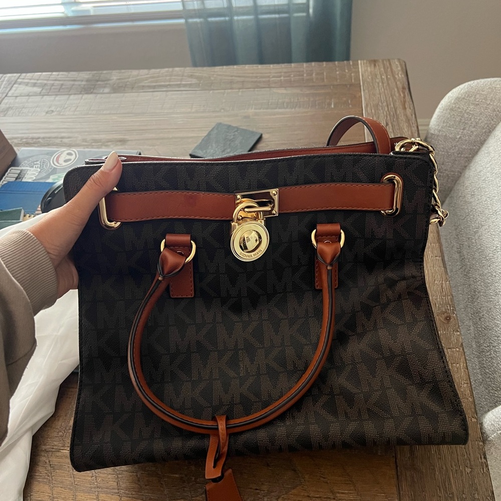 Michael Kors Black and Brown Shoulder Bag with Gold Hardware